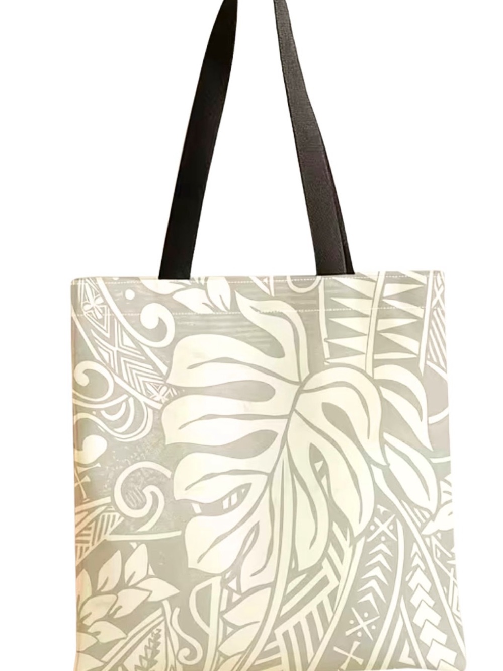 Tropical Leaf Print Tote Bag in Cream and Light Gray